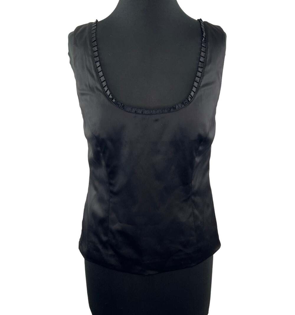 Anna Scholz Black Satin Ruffle Pleat Neckline Blouse Tank Top Sleeveless Size 12